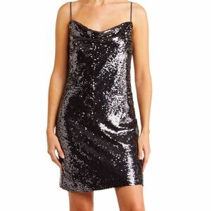 NEW L’agence Nyla Cowl Neck Sequin Slipdress in Gunmetal